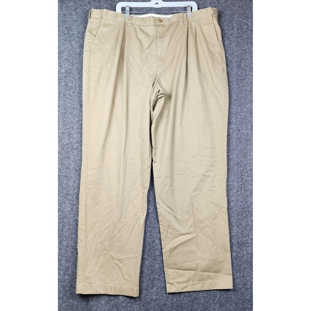 LL Bean Chino Pants Mens 46x34 Khaki Tan Comfort Waist Pleated Cotton 238076